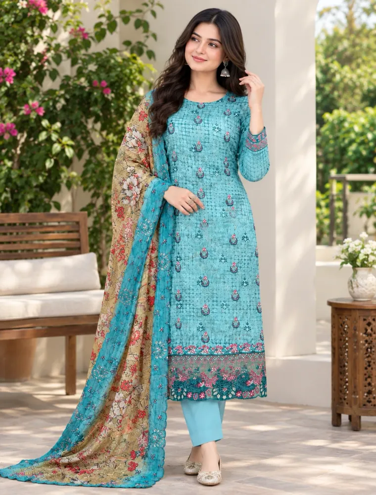 Turquoise Soft Cotton Digital Print Embroidered & Sequin Work 3-Piece Salwar Kameez