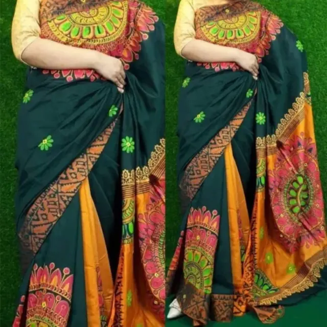 Bottle Green & Mustard Dupion Silk Saree