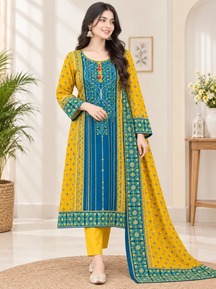 Blue & Yellow Cotton Block Print Ready-Made 3-Piece Salwar Kameez