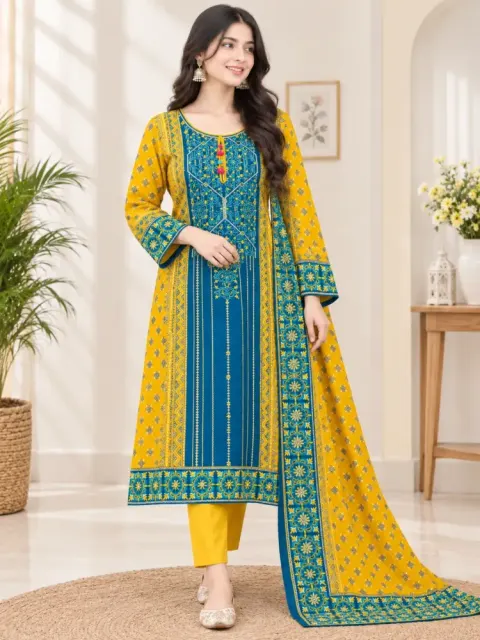 Blue & Yellow Cotton Block Print Ready-Made 3-Piece Salwar Kameez