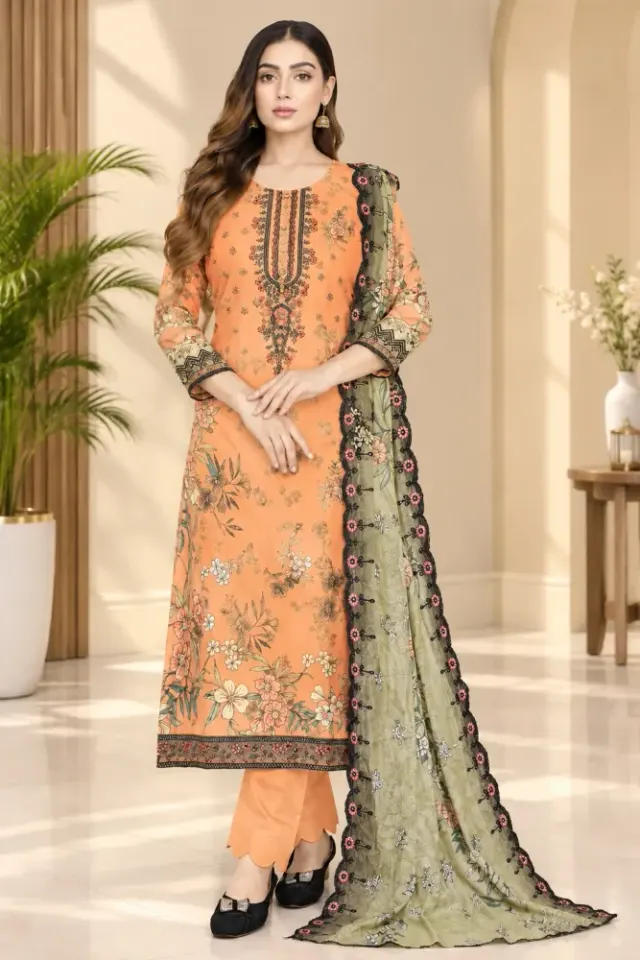 Peach Orange Soft Cotton Digital Print Embroidered & Sequin Work 3-Piece Salwar Kameez