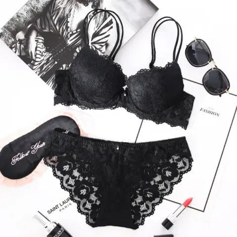 Black New NS Set – Elegant Floral Lace Bra & Panty Set for Women
