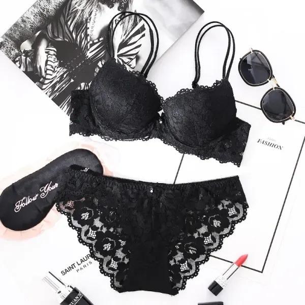 Black New NS Set – Elegant Floral Lace Bra & Panty Set for Women
