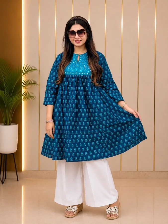 Embroidered Soft Aarong Cotton 1-Piece Anarkali Dress for Women - Shopemart