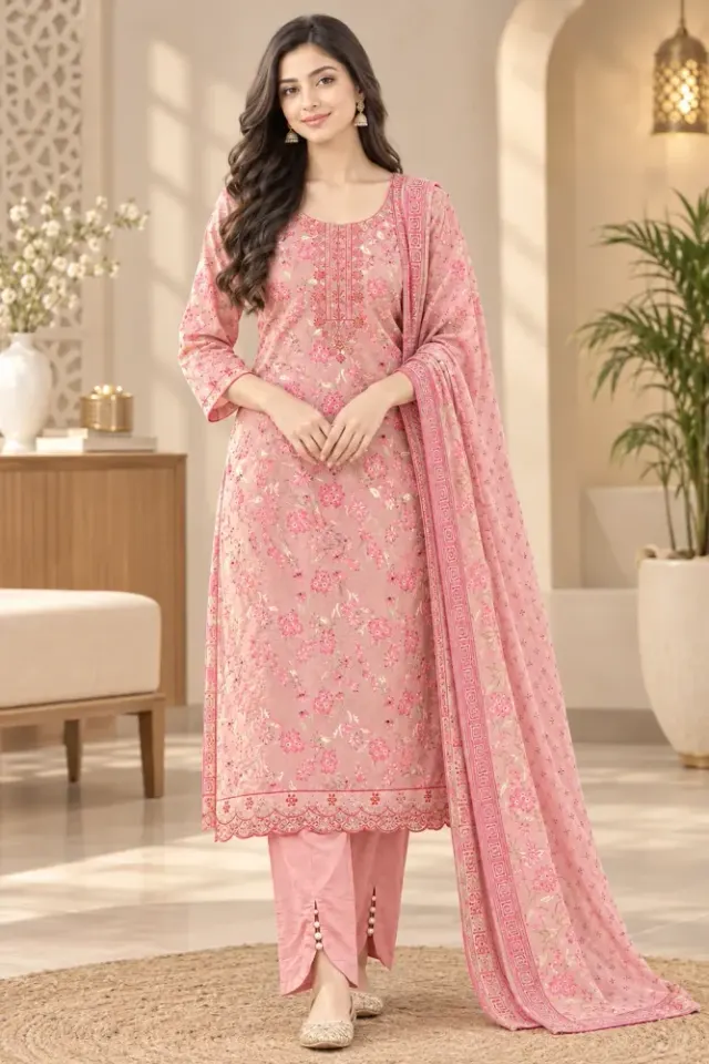 Dusty Pink Soft Cotton Digital Print Embroidered 3-Piece Salwar Kameez