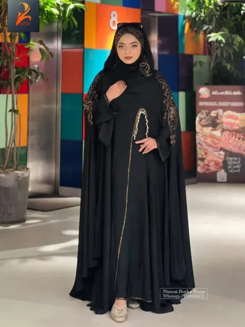 Premium Abaya Borka with DMC Stone & Pearl Work (Dubai Cherry Fabric) - Shopemart 1