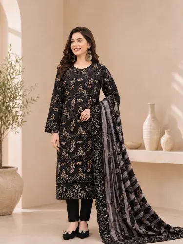Black Soft Cotton Digital Print Embroidered & Sequin Work 3-Piece Salwar Kameez