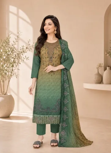 Green Ombre Soft Cotton Digital Print Embroidered & Sequin Work 3-Piece Salwar Kameez