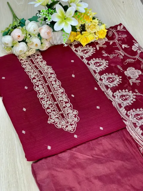 Deep Maroon Embroidered Georgette Semi-Stitched Salwar Suit