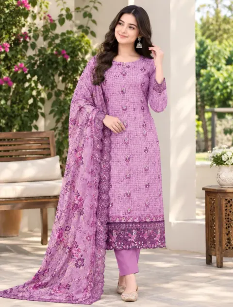 Orchid Purple Soft Cotton Digital Print Embroidered & Sequin Work 3-Piece Salwar Kameez