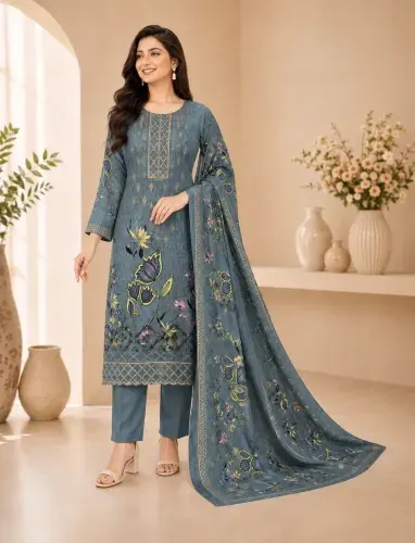 Steel Blue Soft Cotton Digital Print Embroidered 3-Piece Salwar Kameez