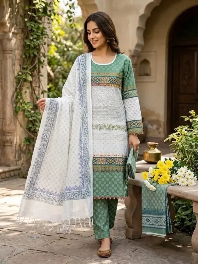 Green & White Cotton Block Print 3-Piece Salwar Kameez