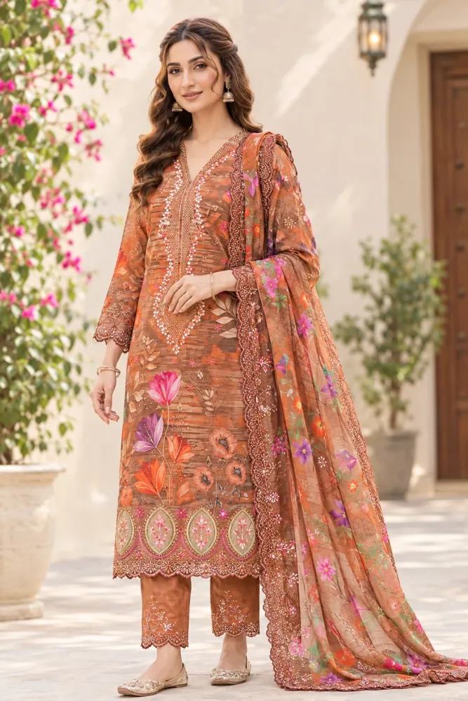 Burnt Orange Soft Cotton Digital Print Embroidered 3-Piece Salwar Kameez