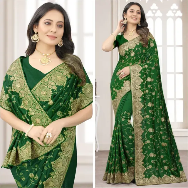 Bottle Green Embroidered Georgette Saree