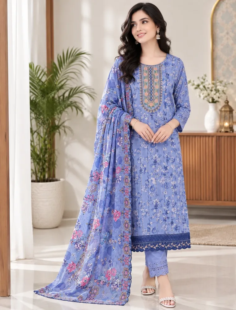 Periwinkle Blue Soft Cotton Digital Print Embroidered & Sequin Work 3-Piece Salwar Kameez