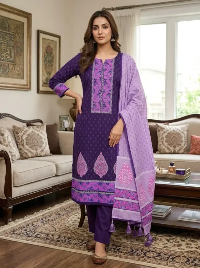 Purple & Lilac Cotton Block Print 3-Piece Salwar Kameez