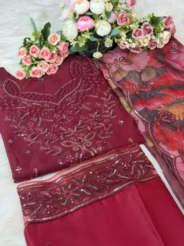 Pure Cotton Embroidery & Sequins Work With Cota Cotton Digital Printed Dopatta Three Piece Set ||