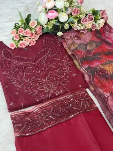 Pure Cotton Embroidery & Sequins Work With Cota Cotton Digital Printed Dopatta Three Piece Set ||