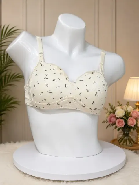 Cream Premium Floral Wireless Padded Bra | Soft Comfort Everyday Bra