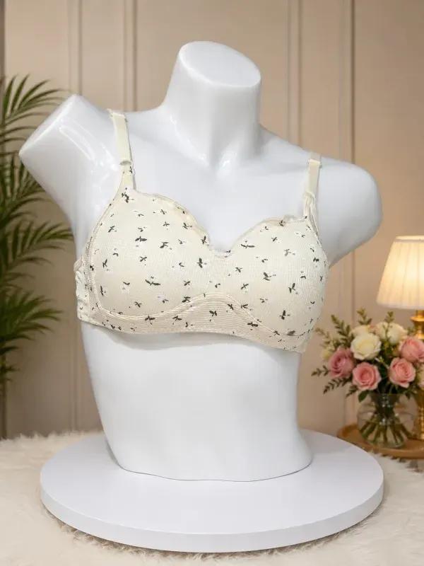 Cream Premium Floral Wireless Padded Bra | Soft Comfort Everyday Bra