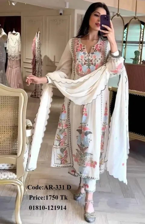 White Embroidered Georgette Semi-Stitched Salwar Suit