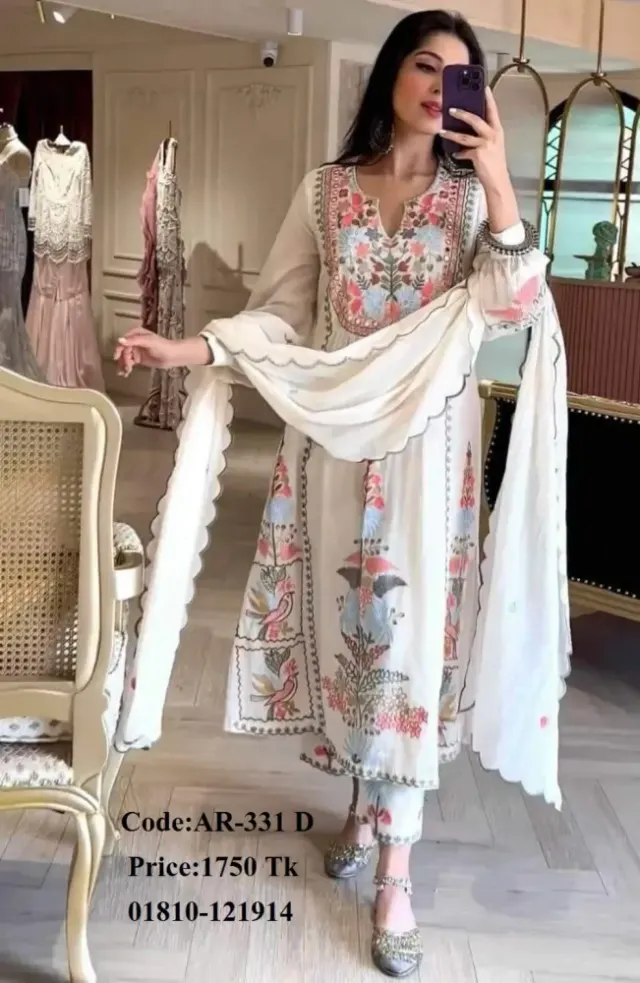 White Embroidered Georgette Semi-Stitched Salwar Suit