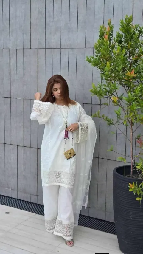 White Embroidered Cotton Three Piece Dress with Dupatta