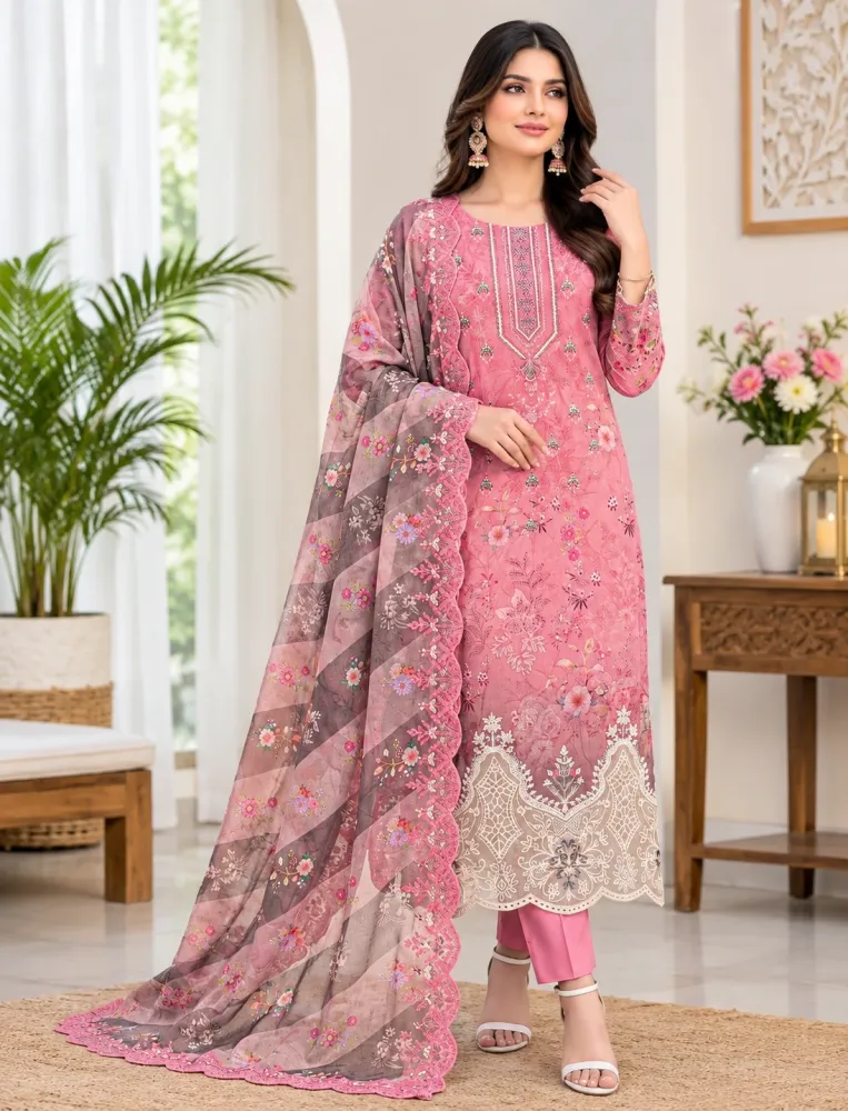 Pink Soft Cotton Digital Print Embroidered 3-Piece Salwar Kameez