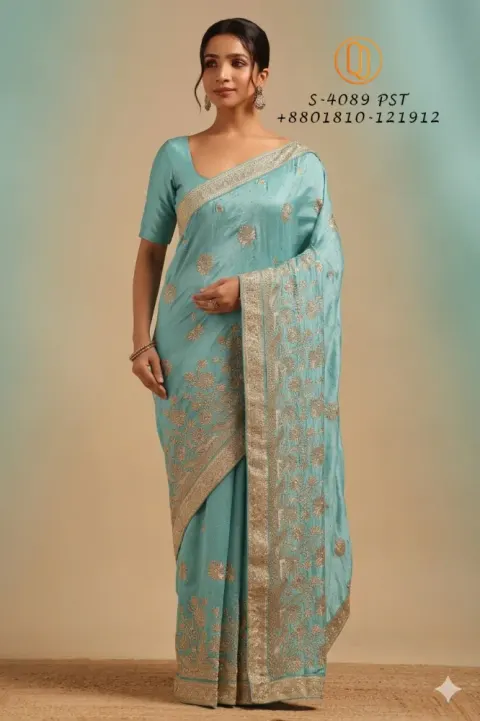 Blush Gold Zari Embroidered Saree ( ব্লাশ গোল্ড জরির কাজ করা শাড়ি) I - Shopemart 1