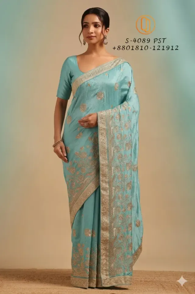 Blush Gold Zari Embroidered Saree ( ব্লাশ গোল্ড জরির কাজ করা শাড়ি) I - Shopemart 1