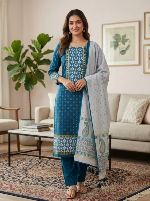 Denim Blue & Grey Cotton Block Print 3-Piece Salwar Kameez