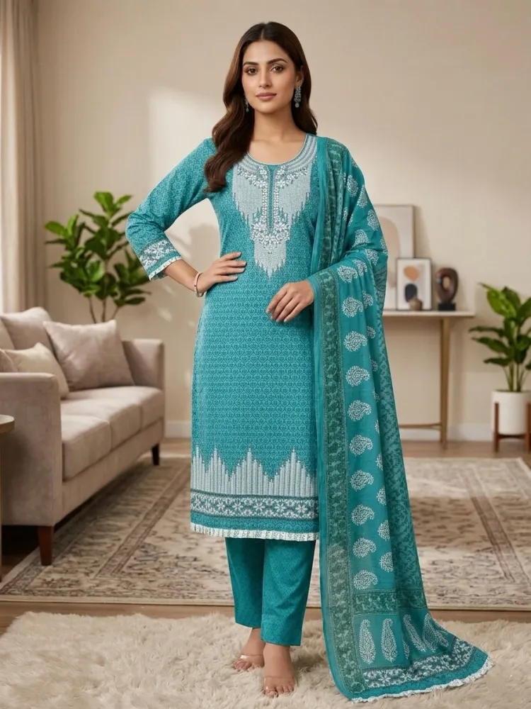 Teal Blue Soft Cotton Digital Print Embroidered & Sequin Work 3-Piece Salwar Kameez