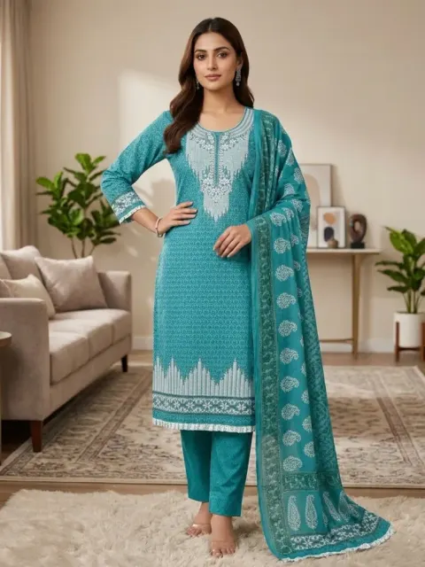 Teal Blue Soft Cotton Digital Print Embroidered & Sequin Work 3-Piece Salwar Kameez