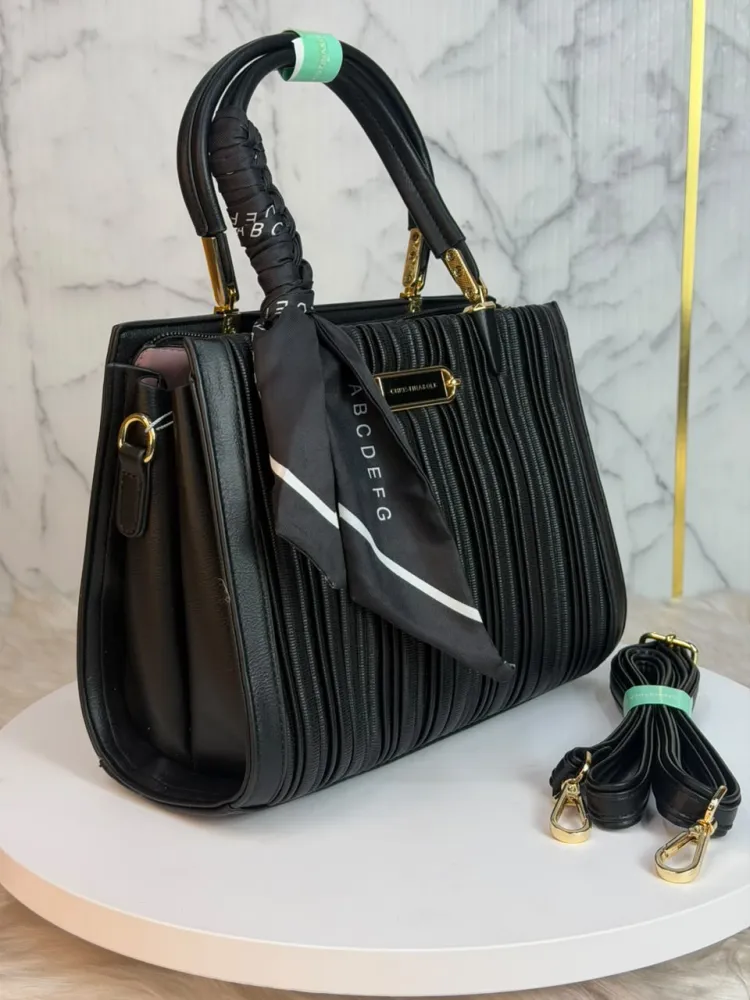 Premium Women's Textured PU Leather Handbag with Silk Scarf & Shoulder Strap - Shopemart 1