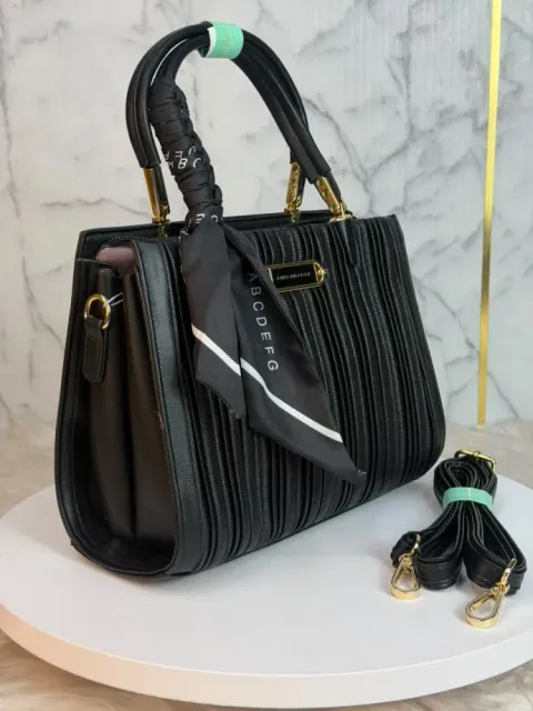 Premium Women's Textured PU Leather Handbag with Silk Scarf & Shoulder Strap - Shopemart 1