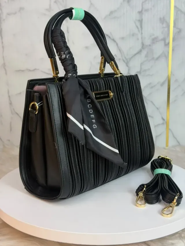 Premium Women's Textured PU Leather Handbag with Silk Scarf & Shoulder Strap - Shopemart 1