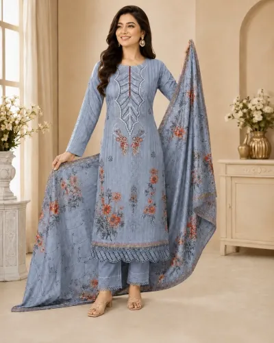 Denim Blue Soft Cotton Digital Print Embroidered 3-Piece Salwar Kameez