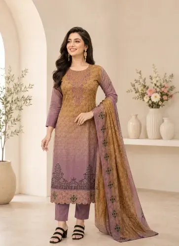 Mustard & Mauve Soft Cotton Digital Print Embroidered & Sequin Work 3-Piece Salwar Kameez