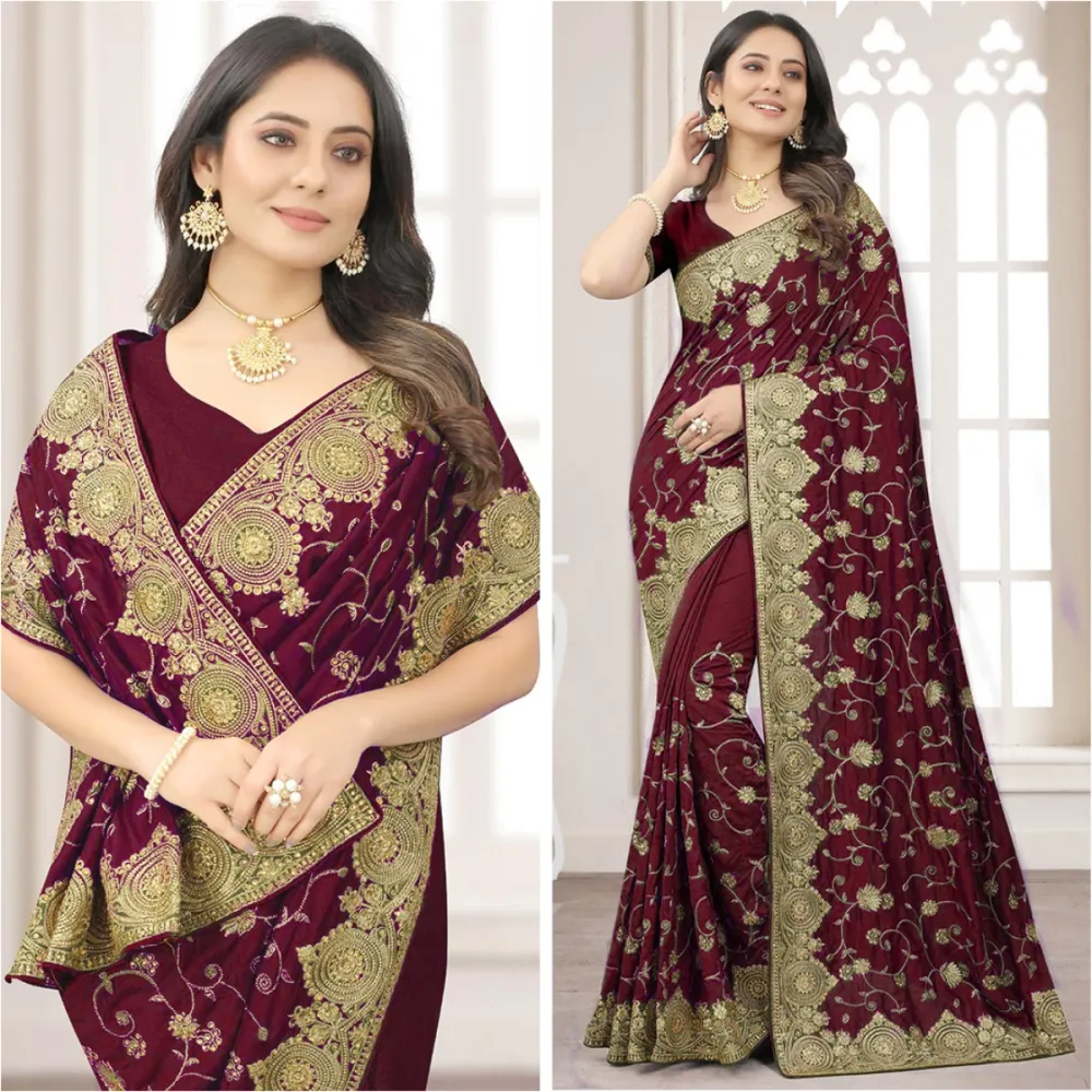 Maroon Embroidered Georgette Saree