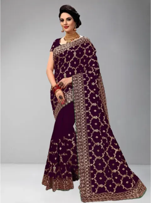 Elegant purpel Weightless Georgette Saree with Intricate Golden Embroidery - Shopemart 1