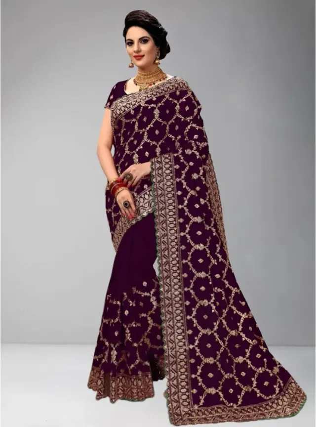 Elegant purpel Weightless Georgette Saree with Intricate Golden Embroidery - Shopemart 1