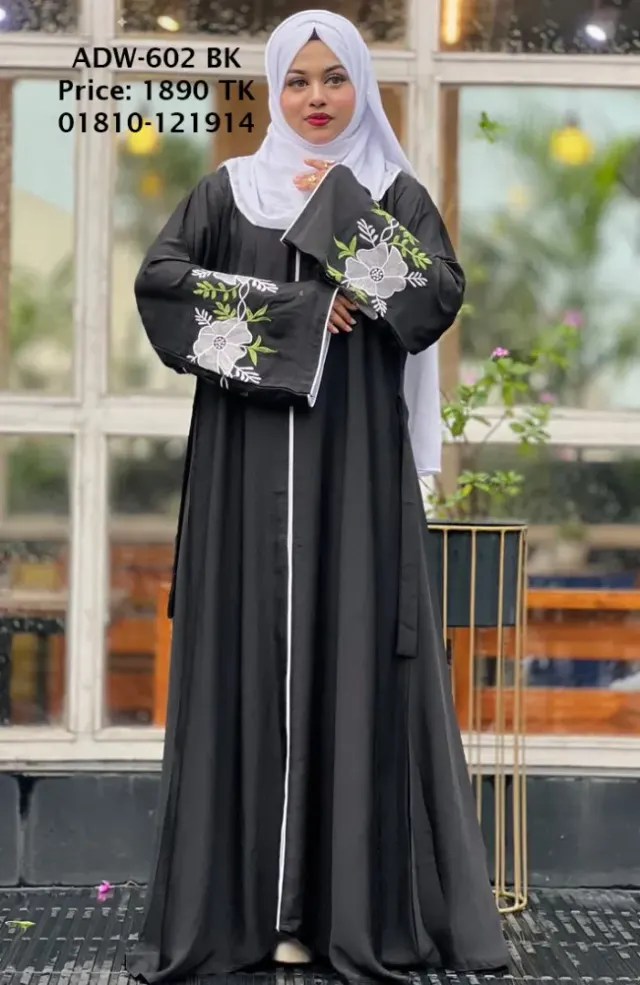 Premium Dubai Cherry Fabric Embroidered Single Layer Abaya with Matching Hijab - Shopemart