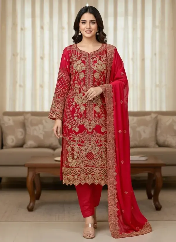 Red Embroidered Soft Georgette 4-Piece For Wome