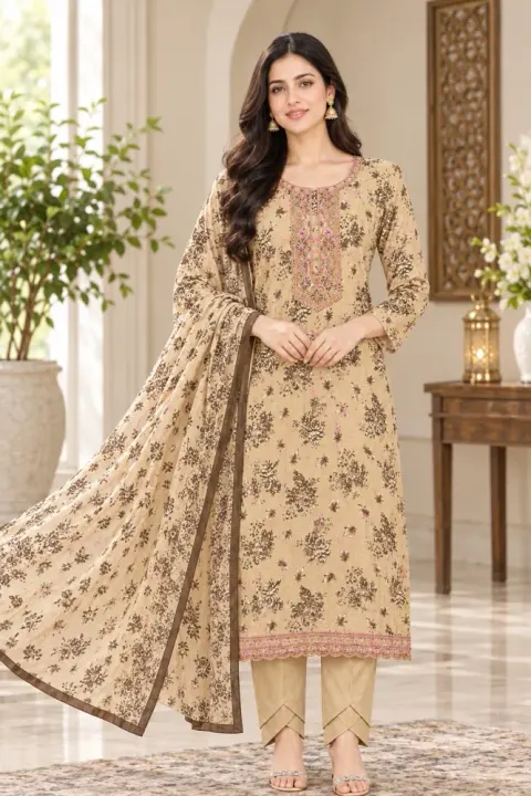 Beige Soft Cotton Digital Print Embroidered 3-Piece Salwar Kameez