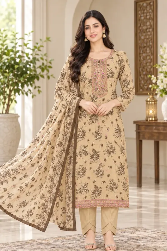 Beige Soft Cotton Digital Print Embroidered 3-Piece Salwar Kameez
