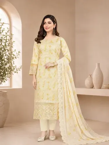 Lemon Cream Soft Cotton Digital Print Embroidered & Sequin Work 3-Piece Salwar Kameez
