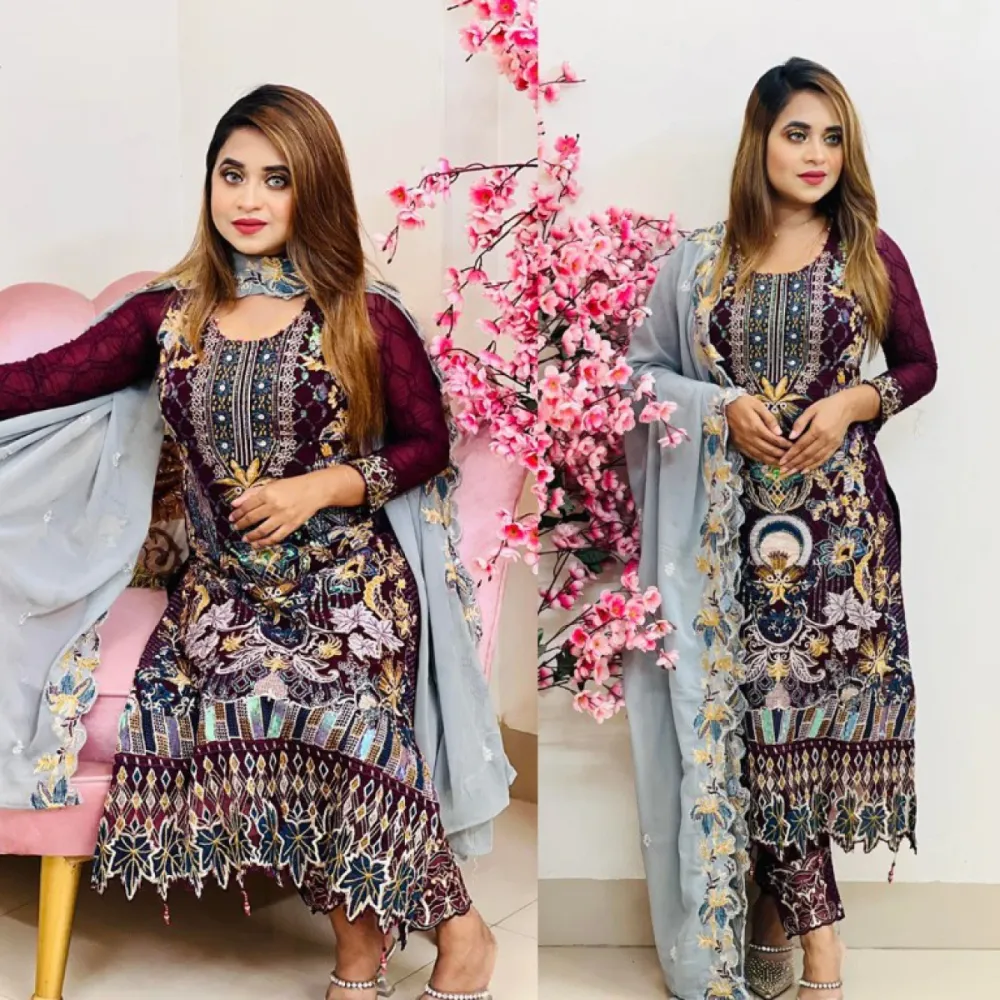 Dark Coffee Embroidered Georgette Semi-Stitched Salwar Suit