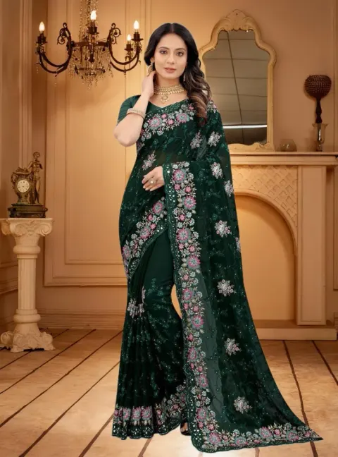 Georgette Embroidered Saree for Women S-4033 GR