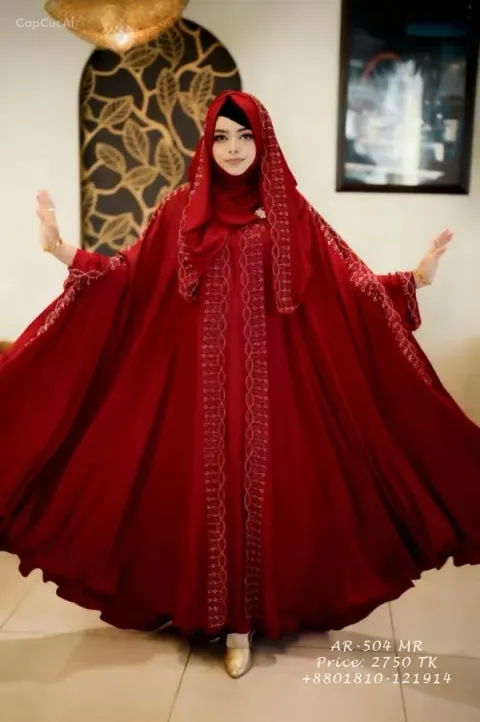 Maroon Premium Abaya Borka with DMC Stone Work & Matching Hijab (Dubai Cherry Fabric)