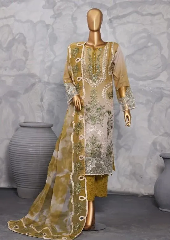 Pakistani Lavish Heavy Embroidered Unstitched Organza Three Piece - Pesto - Shopemart 1